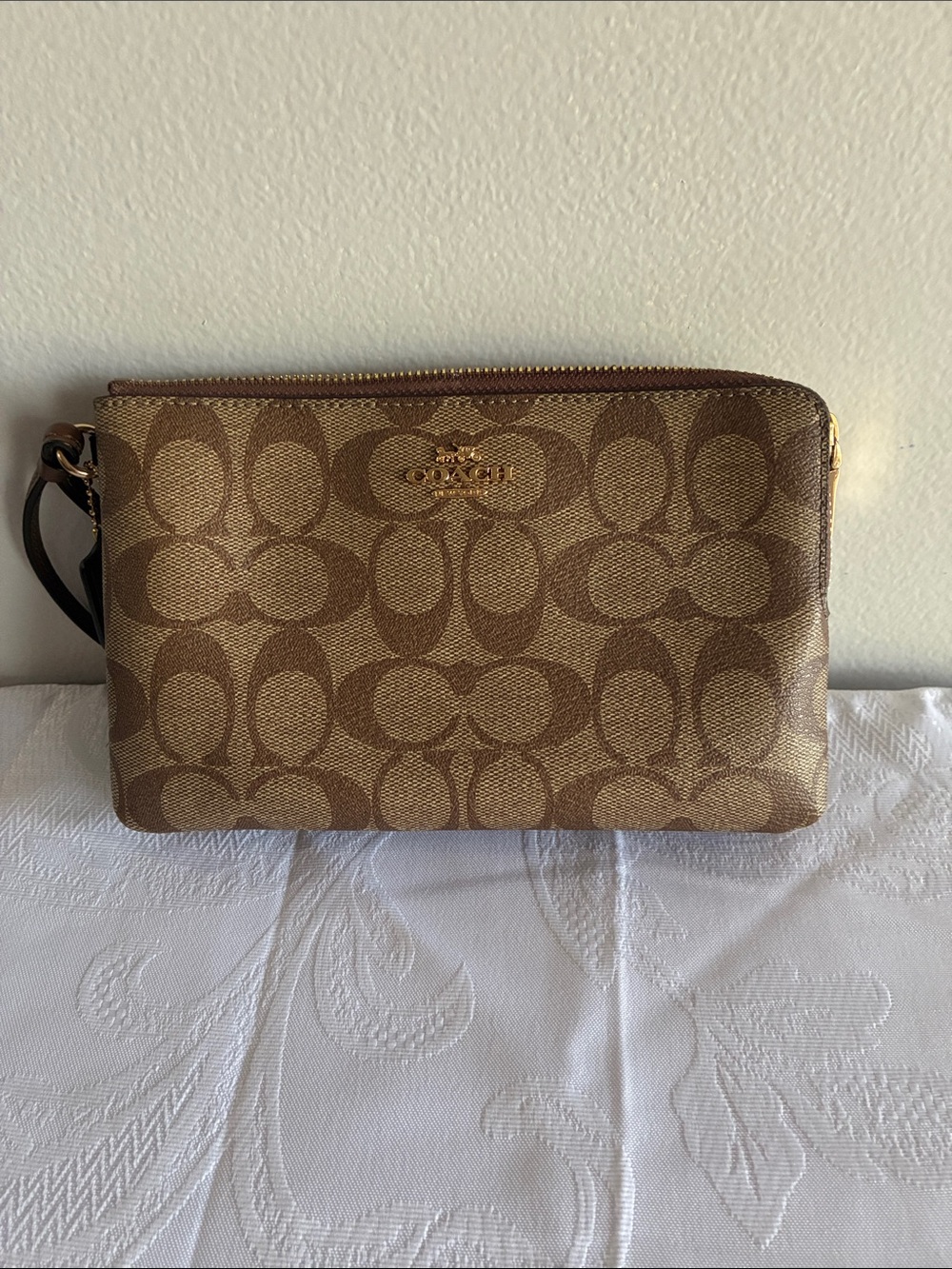 Coach Tan/Brown Signature Zip Wristlet